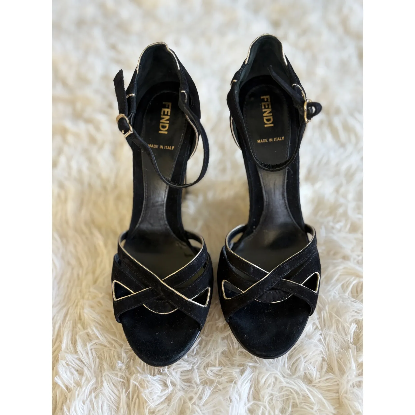 Fendi Black Suede Gold Wedge Heels Ankle Strap Made in Italy size 6‎ - Image 4