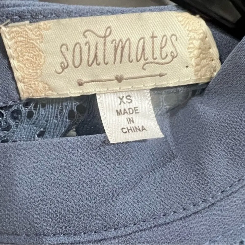 Lace yoke mock neck steel blue chiffon dress size XS - Image 6