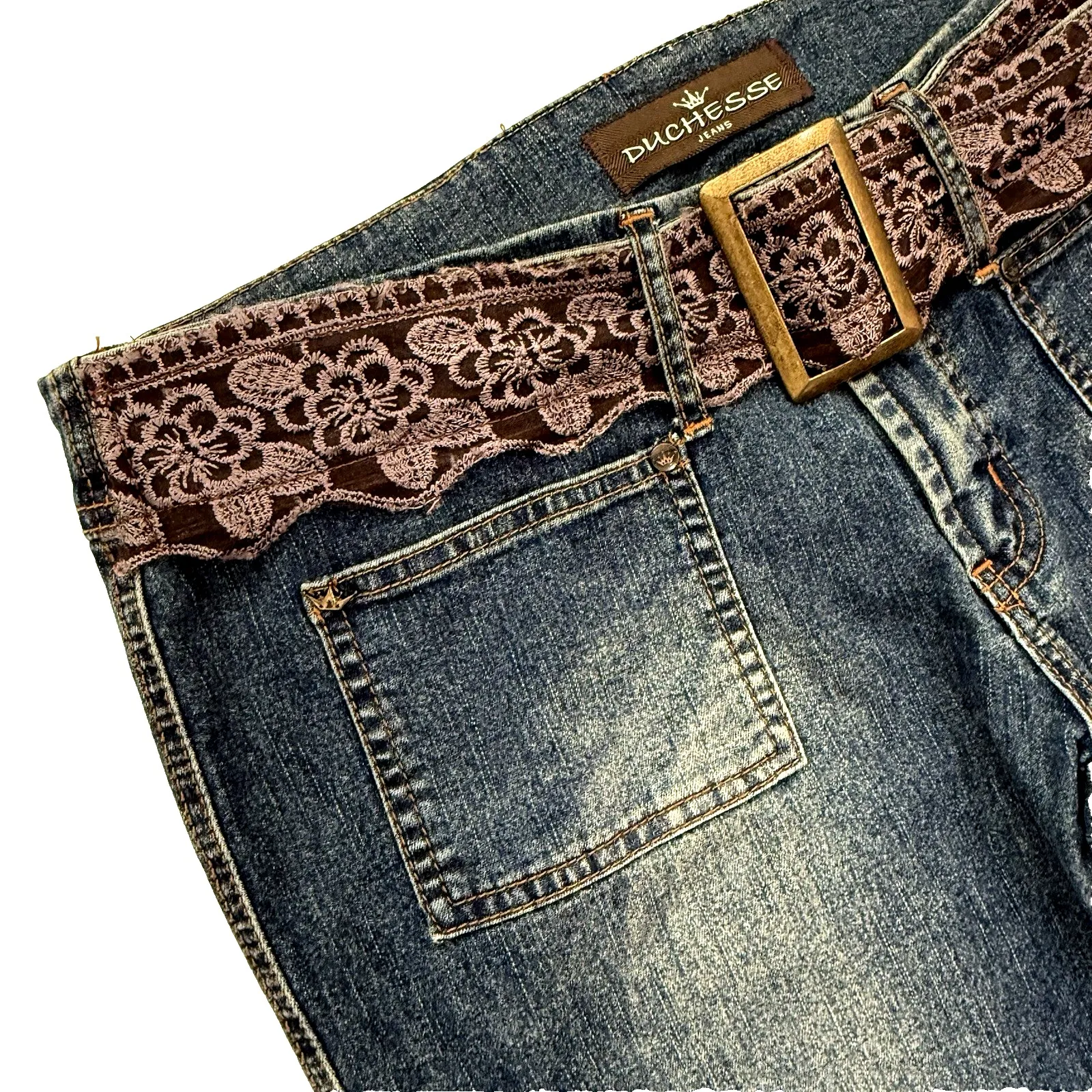 Vtg Y2K Low Rise Flare Jeans Lace Belt Women 10 M x 33" Boho Hippie Fairy Grunge Blue - Image 3