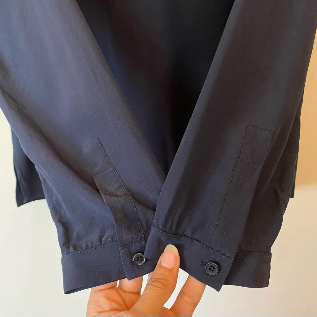 AKRIS Punto Zipper V-Front Mock Neck Silk Blouse Business Casual Navy Blue Sz 10 - Image 8