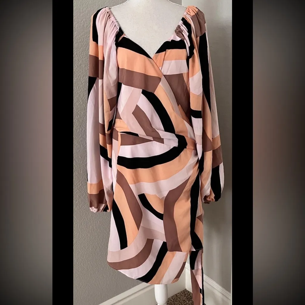 Anthropologie Hutch Geo Wrap Mini Dress Puff Sleeves 2X Retro Party Vegas Trip - Image 4