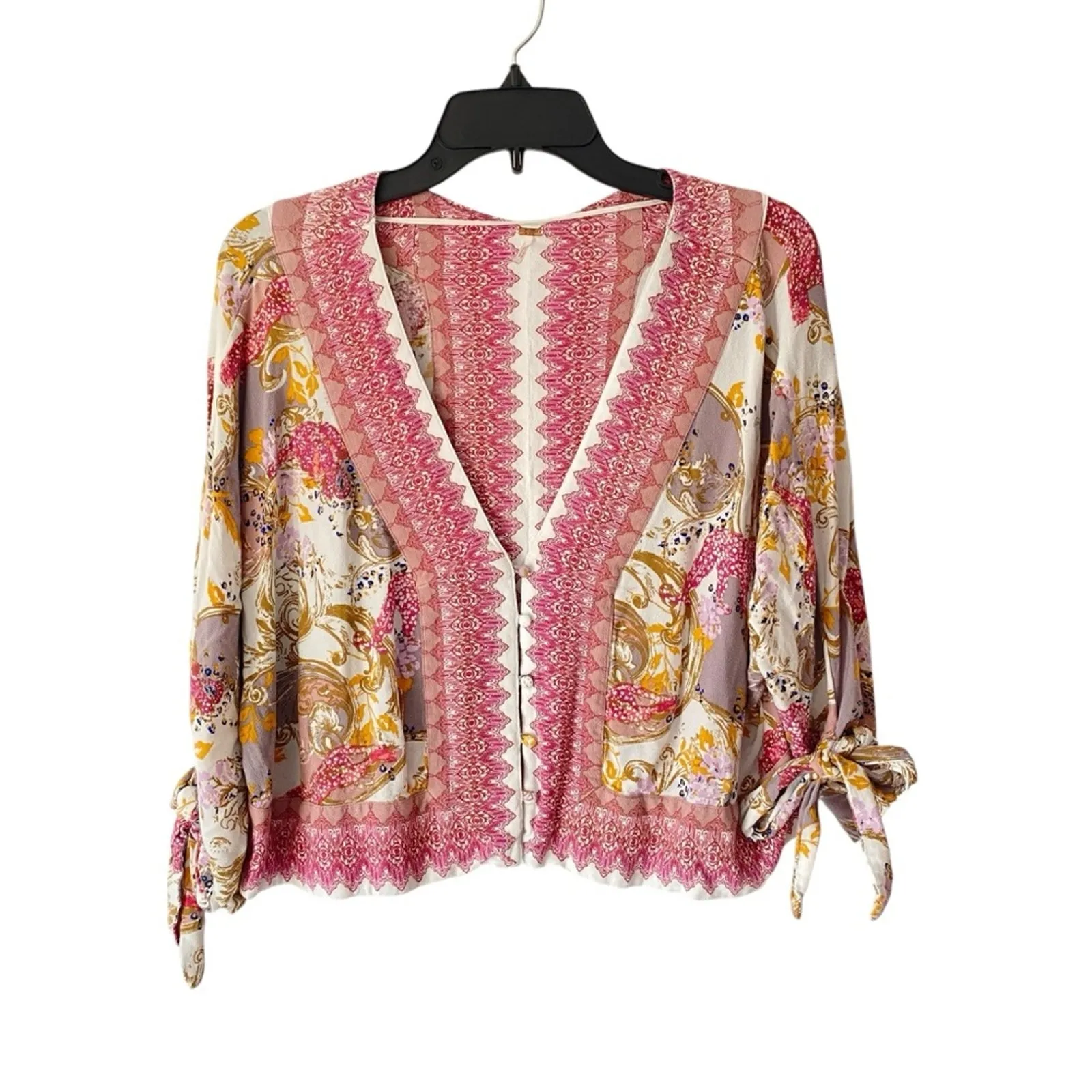 Free People Catch Me If You Can Pink Tie Sleeve Bohemian Top size XS - Image 3