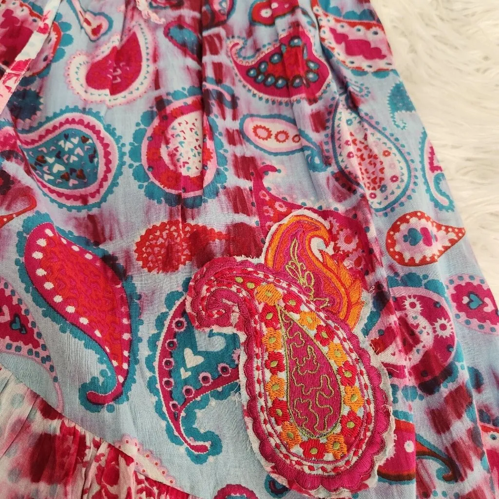Paisley tiered pink blue dye Maxi Skirt mixed print patchwork Red Size M - Image 11