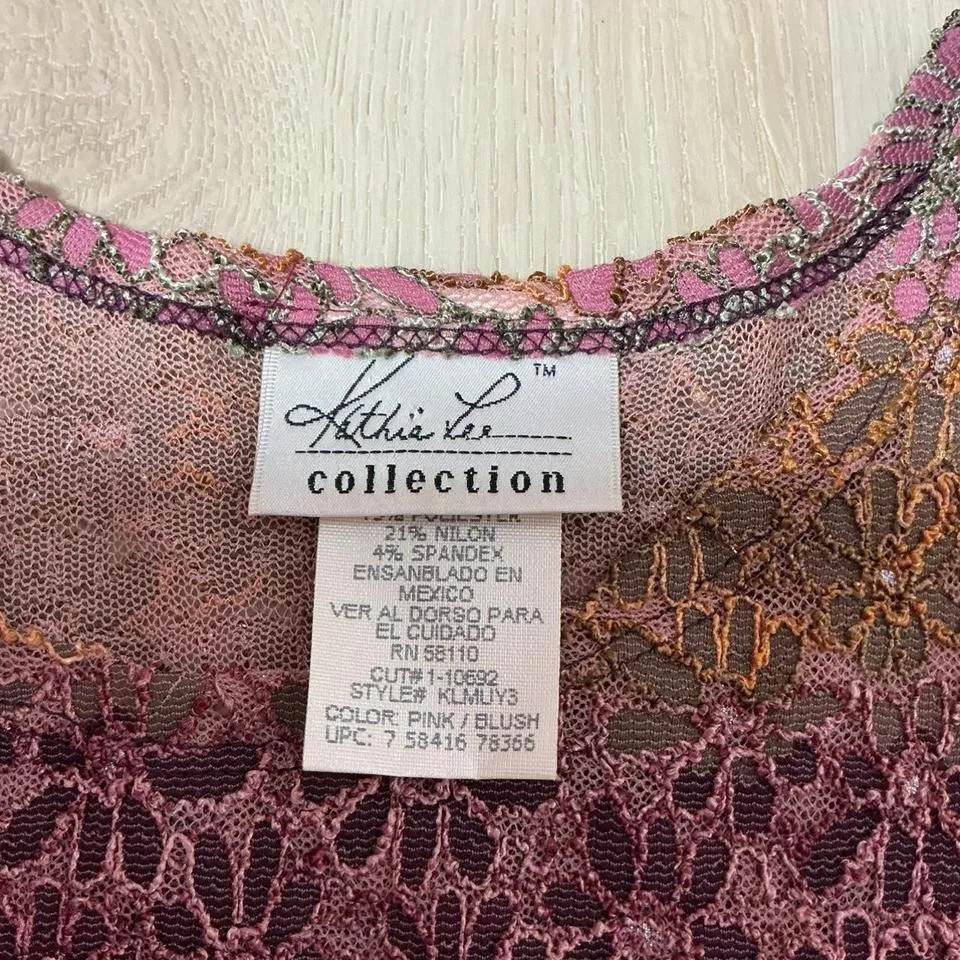 Kathie Lee Collection Sheer Pink Blush Floral Lace Short Sleeve Top‎ Size L - Image 3