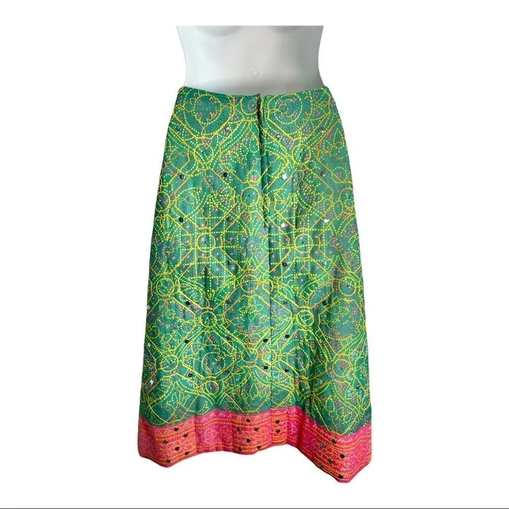 Vintage 1970s Bohemian Hippie Granny Core Quilted Embroidered Midi Skirt Green Size M - Image 9