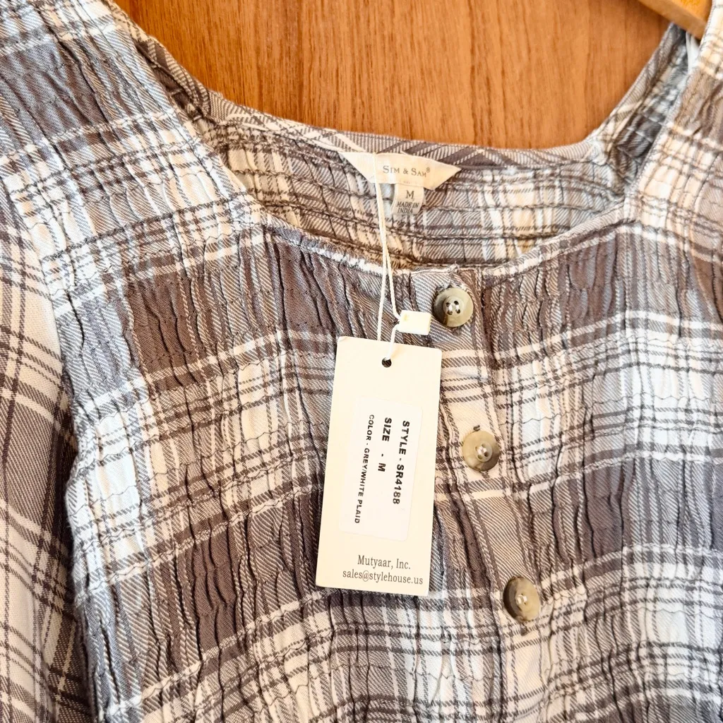 Sim & Sam Grey & White Plaid Button Up Crop Top M - NWT - Image 5