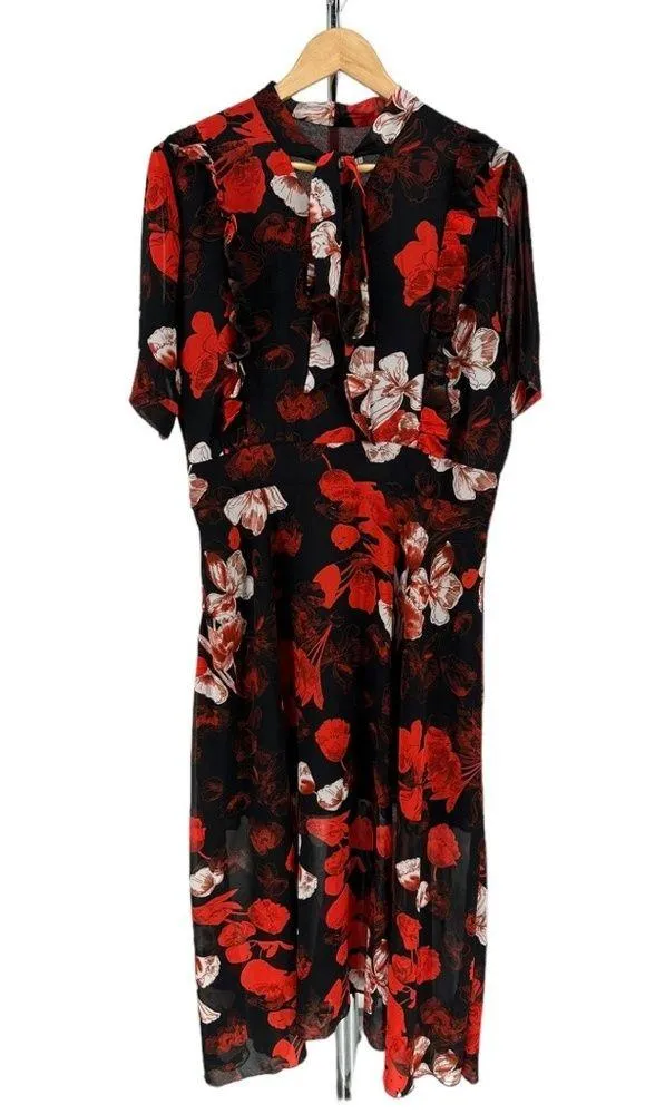 Red Black Floral Short Sleeve Tie Neck Maxi Dress size 14 NWT - Image 2