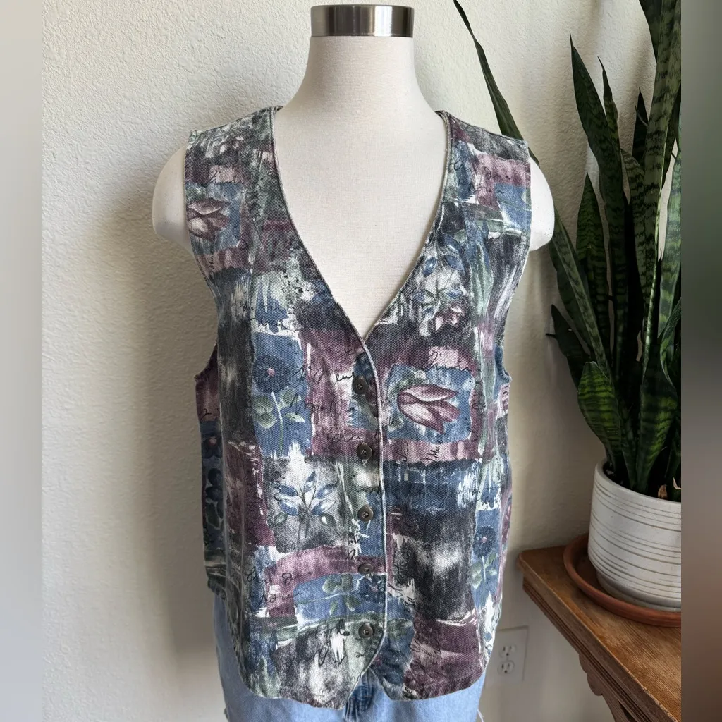 Vintage Painterly Floral Vest USA‎ Made festival summer spring Purple Size M - Image 9