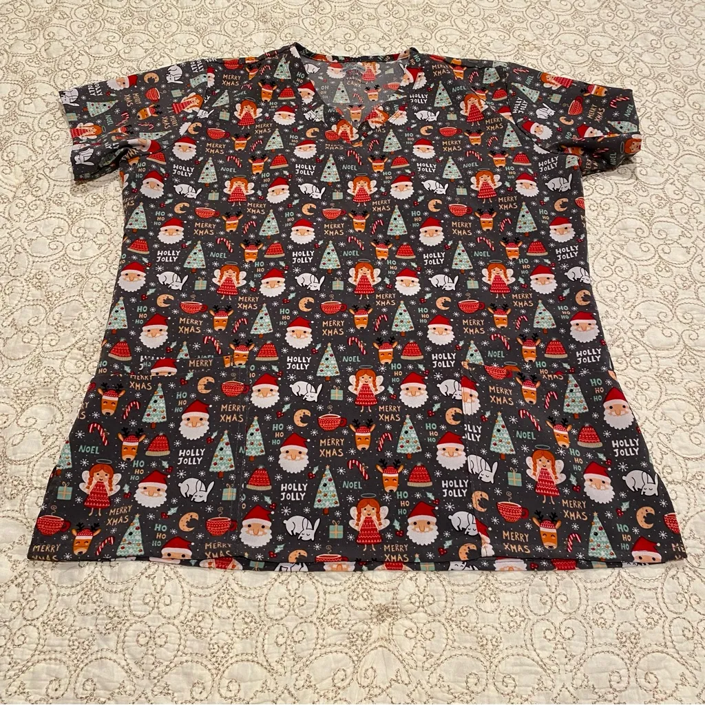 Scrubaid Women’s Holiday Cheer Scrub Top Size Large Red - Image 3