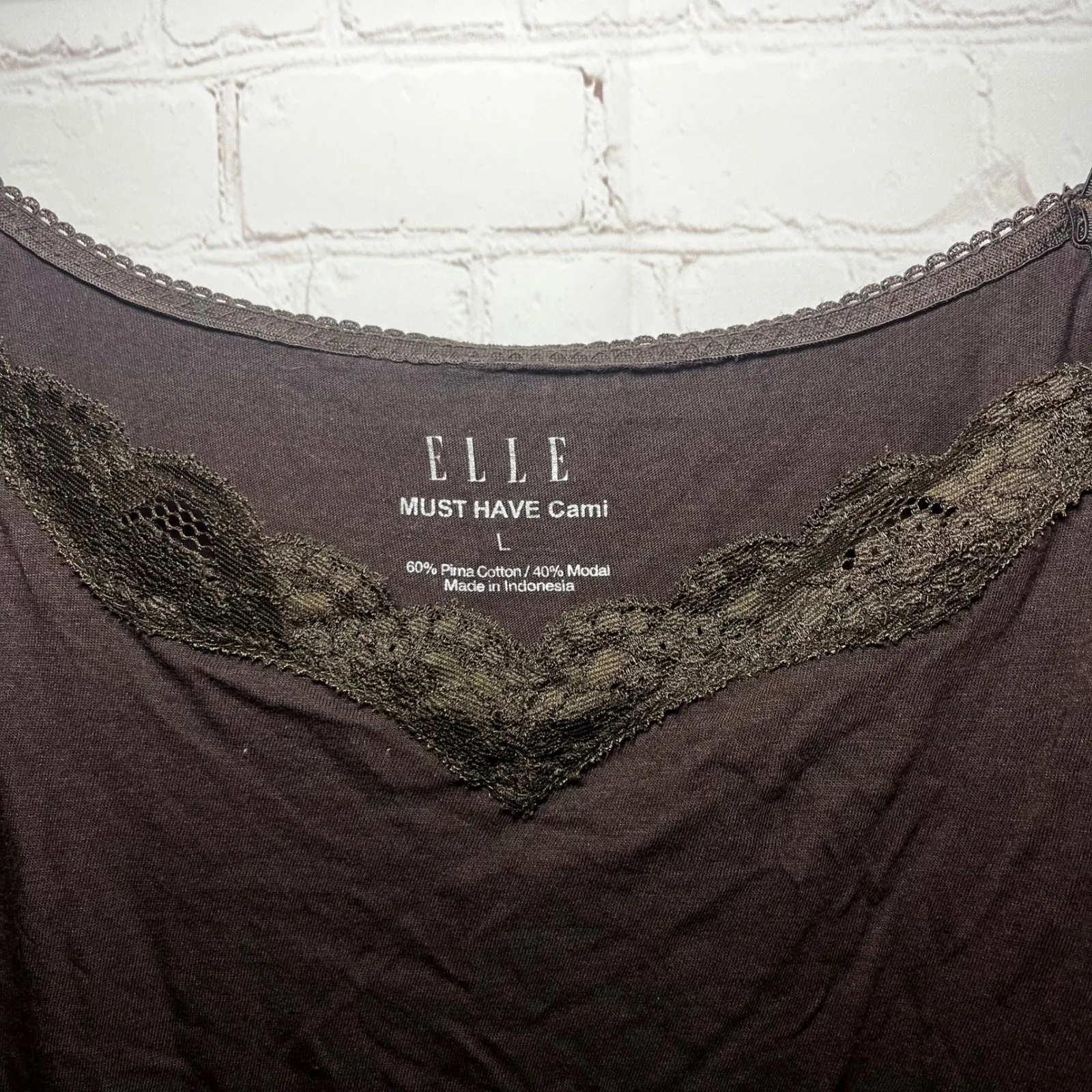 ELLE Must Have Cami Lace Trim Chocolate Brown Pima Cotton Modal Women's Y2K Sz L - Image 2