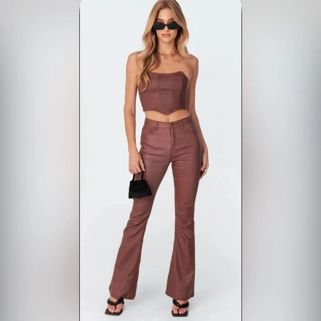 Edikted Luna Faux Leather Flare Jeans - Image 3