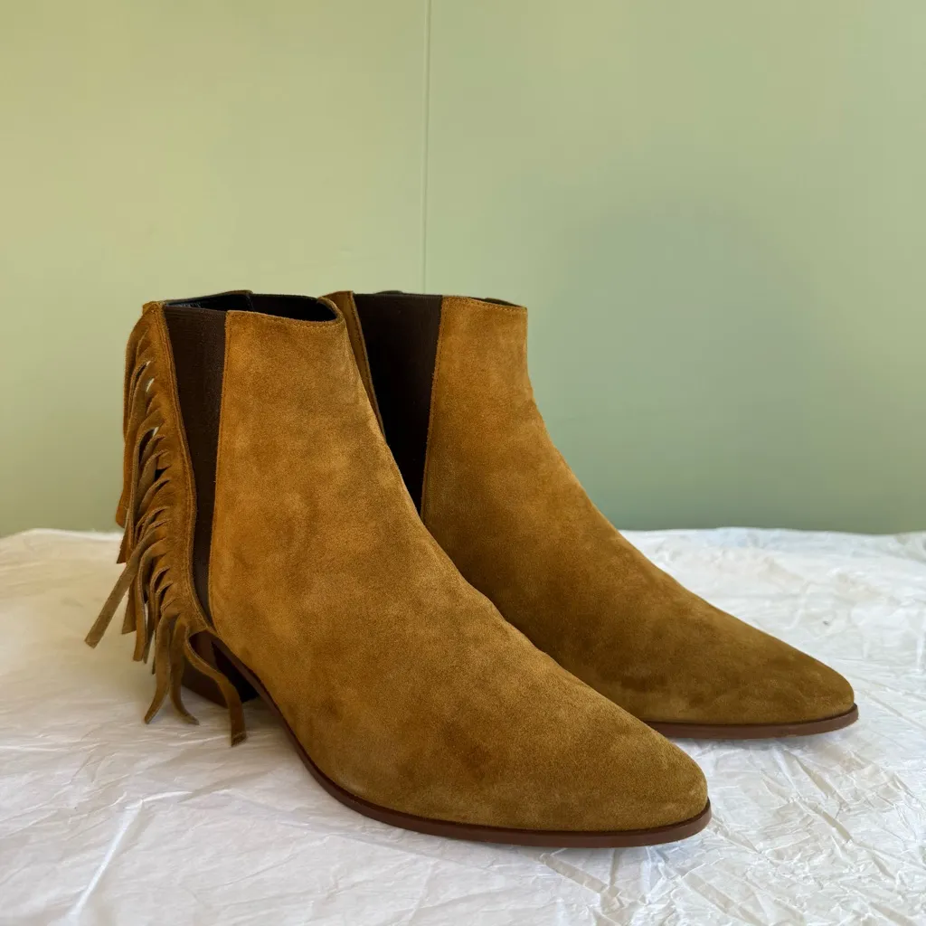 Saint Laurent Rock 40 Tan Suede Chelsea Boots w/ Fringe, Size 37, Box + Dustbags - Image 4