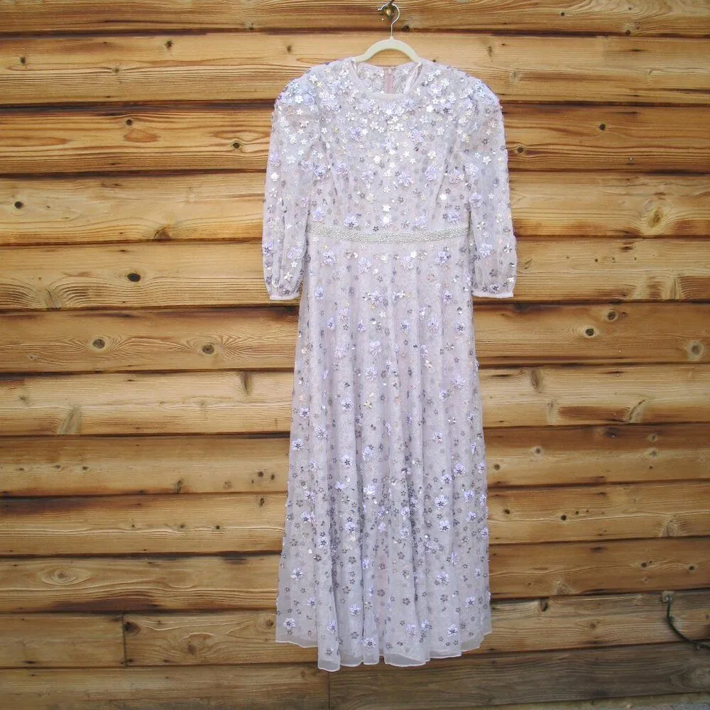 Mac Duggal Purple Floral Applique Puff Sleeve High Neck A - Image 7