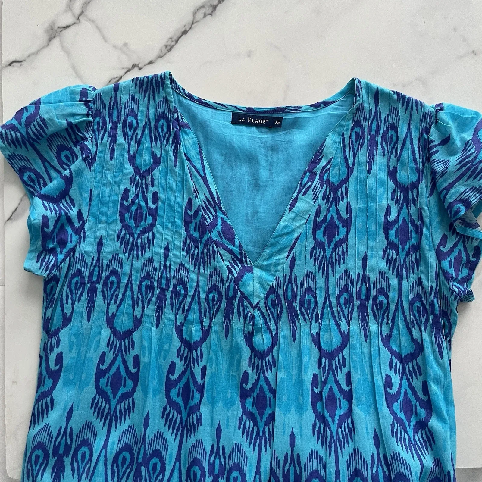 La Plage Bailey Tiered Maxi Dress Cotton Batik Leaf Blue coastal Boho Size XS - Image 5