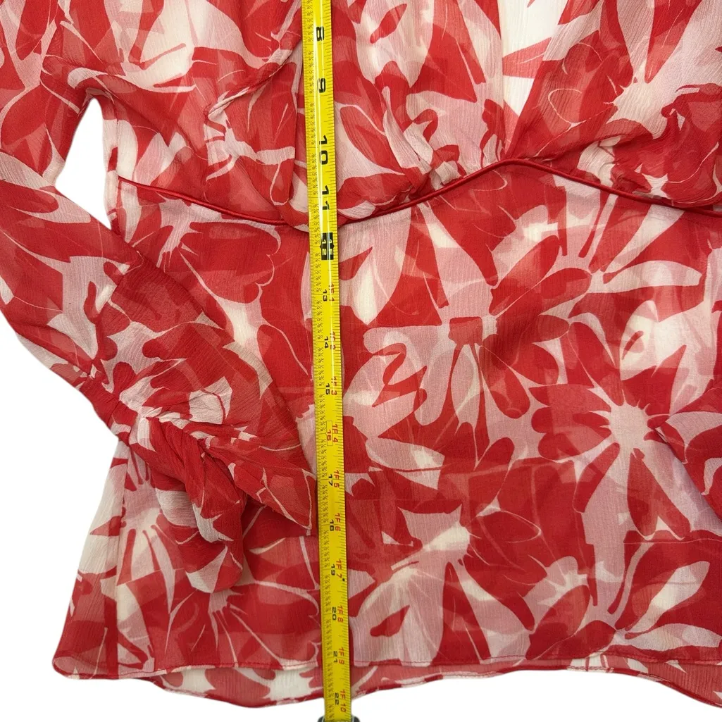 Yigal Azrouel Silk Sheer Red White Abstract Lightweight Floral Neck Size 10 - Image 10