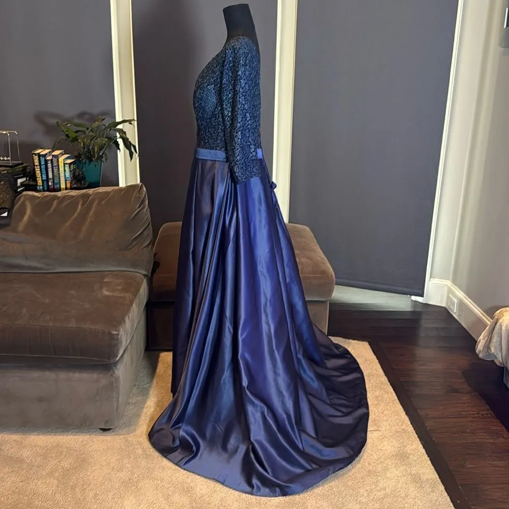 Women’s Blue Full Length 3/4 Sleeve Sparkly Sheer Bodice Dress Leg Slit Size 14 - Image 8