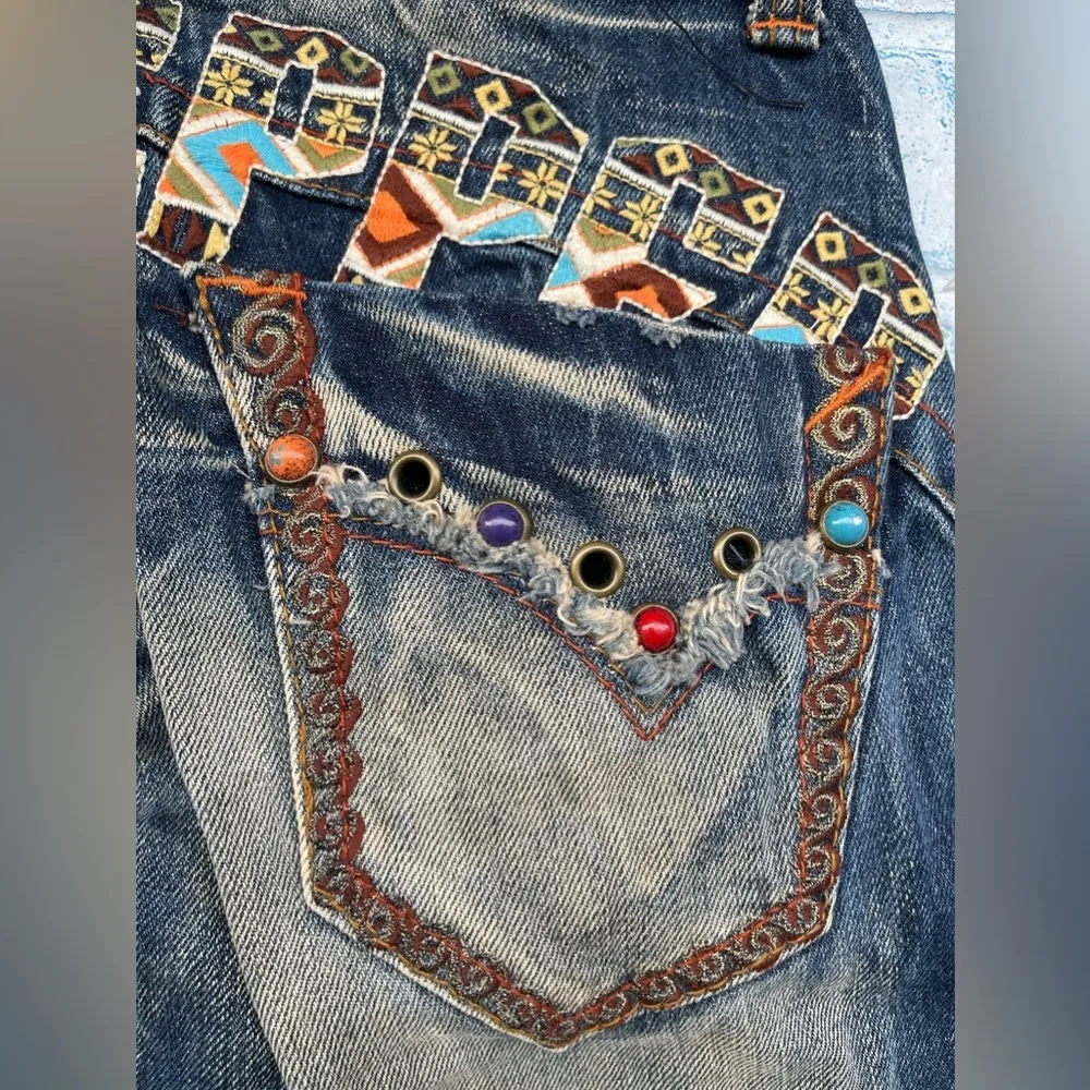 Red Pepper Y2K Embroidered Denim Pants Boot Cut Low Rise size 24 Blue - Image 10