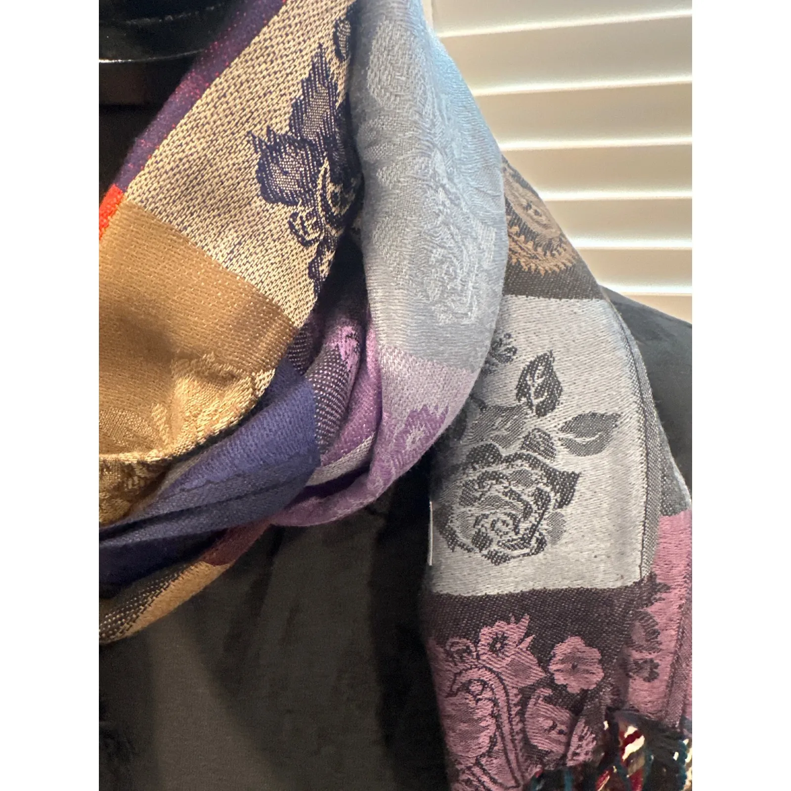 100% Pashmina Scarf Patchwork Floral Print Purple Gold Blue Fringe boho winter - Image 2