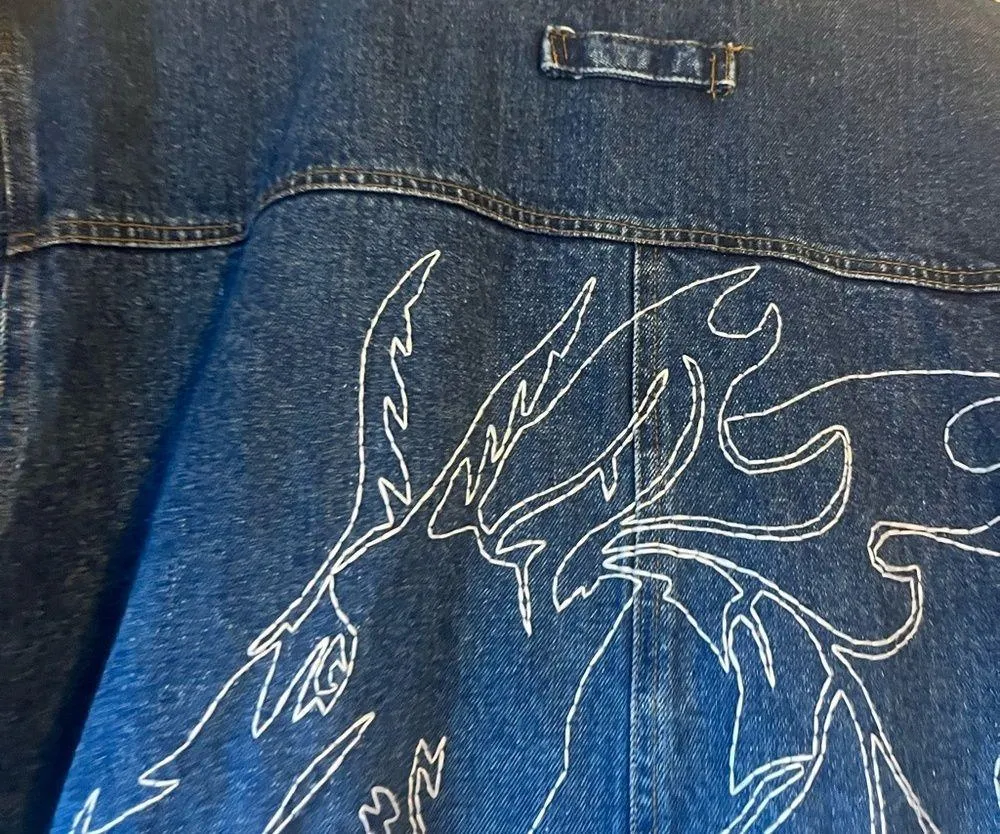 Vintage hand embroidered denim trench Size XL - Image 6