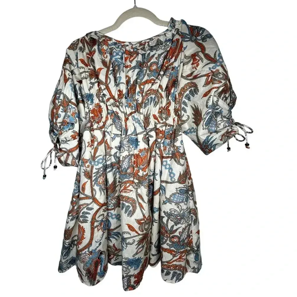 House of Harlow 1960 Nicole Richie Smocked Mini Dress Size XS Puff Sleeves Print Blue - Image 2