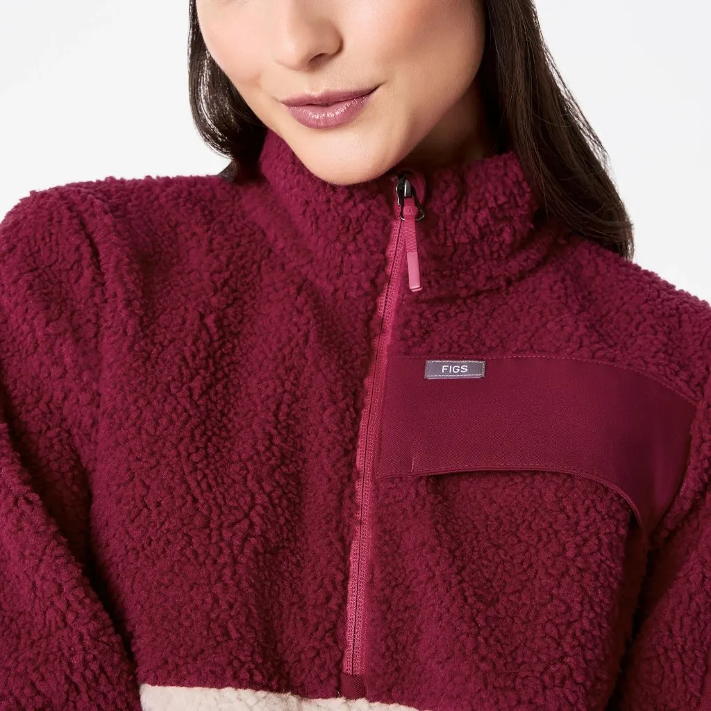 FIGS  On-Shift High Pile Fleece Pullover Jacket in Deep Cranberry, Size Small - Image 3