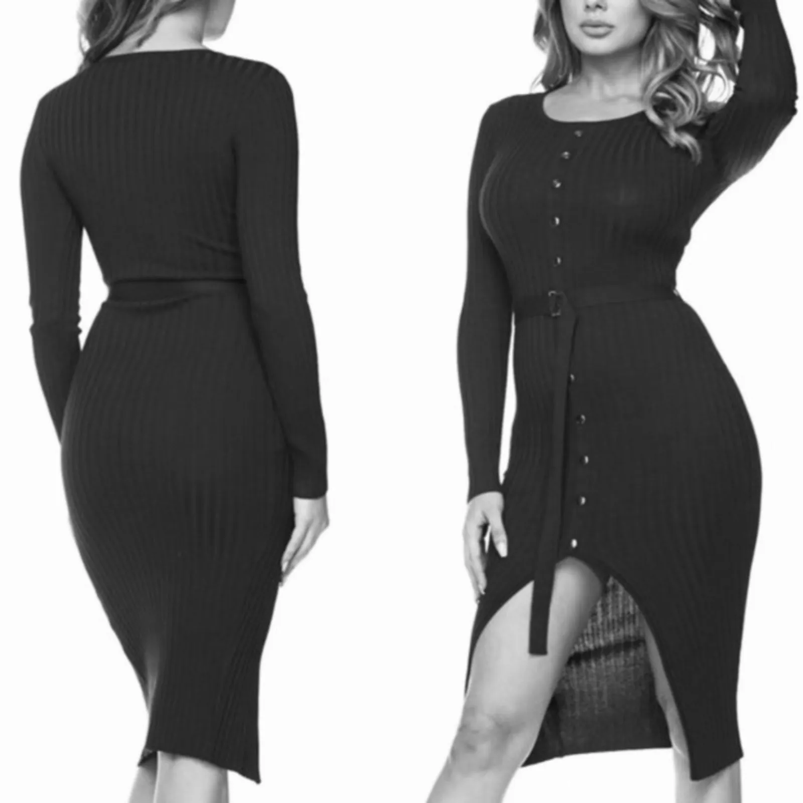 Hera Collection Grey Ribbed Bodycon Sweater Dress Faux Button Slit Size L - Image 16