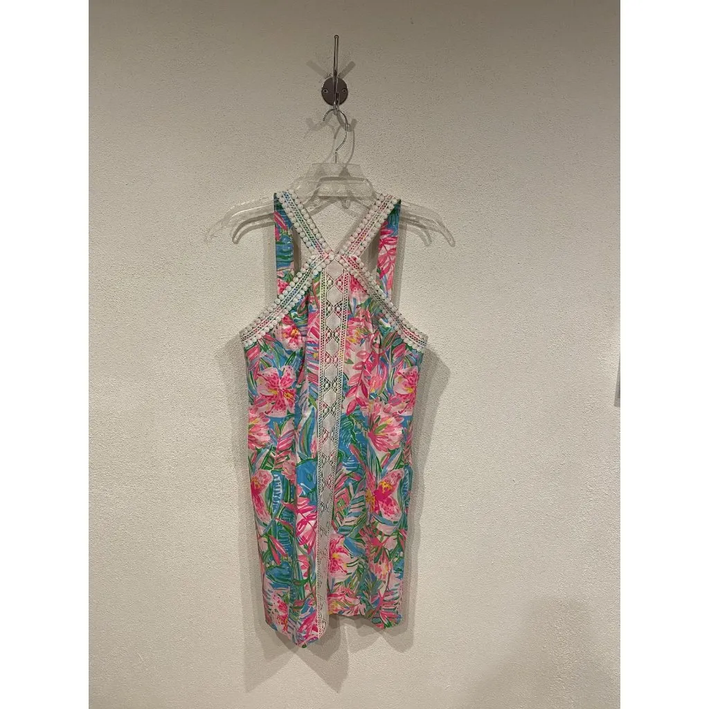 Lilly Pulitzer Vena Dress Womens 8 Pink Green Floral Lace Trim Summer Sundress - Image 2