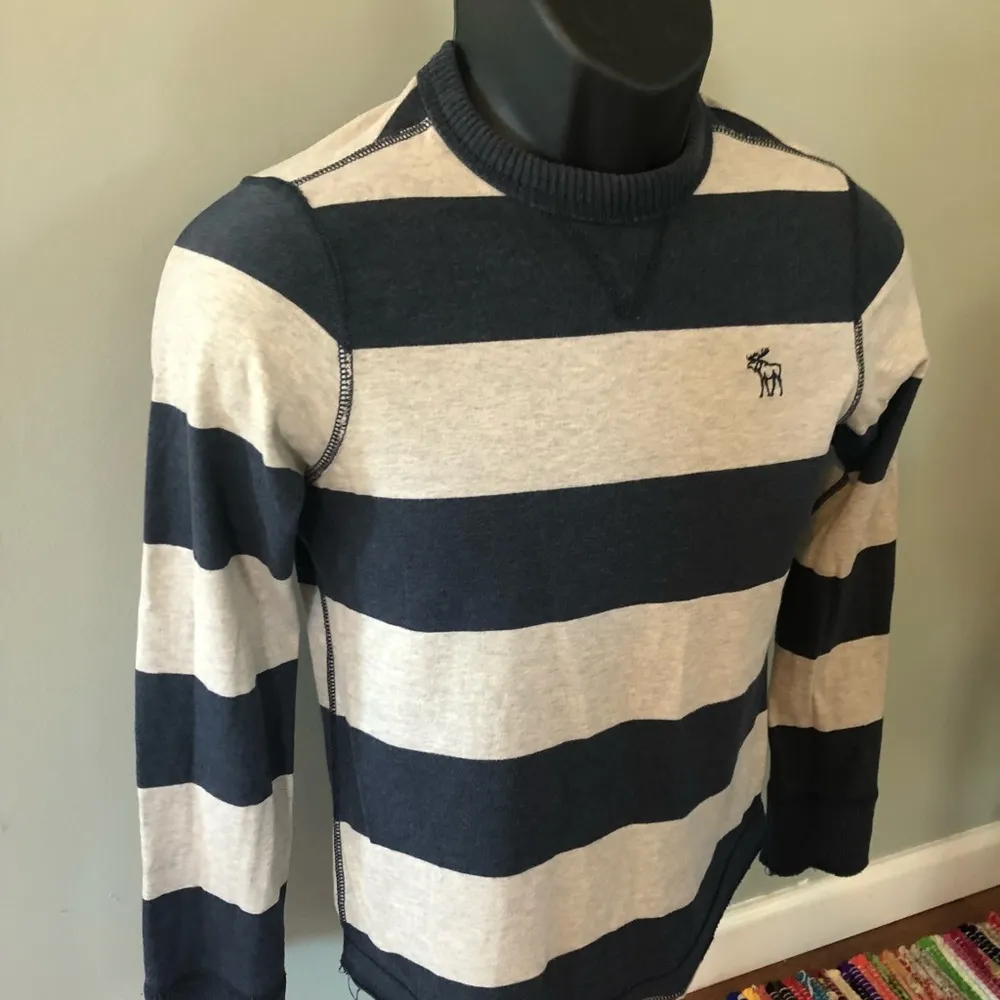 Abercrombie Fitch Stripe Shirt Long Sleeve Blue Gray Moose Logo y2k Style Large - Image 3