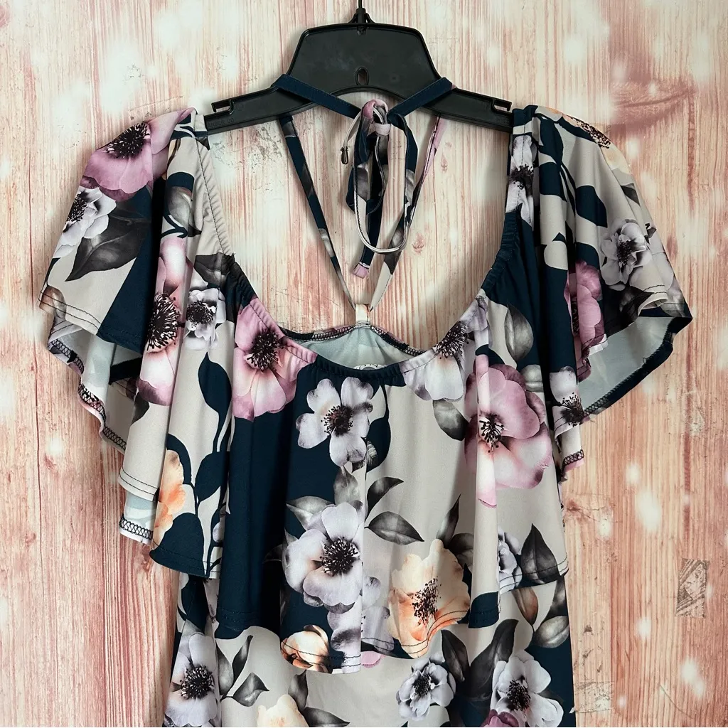 Venus Navy Blue Halter Pink Floral Flounce Top Dress Size L - Image 6