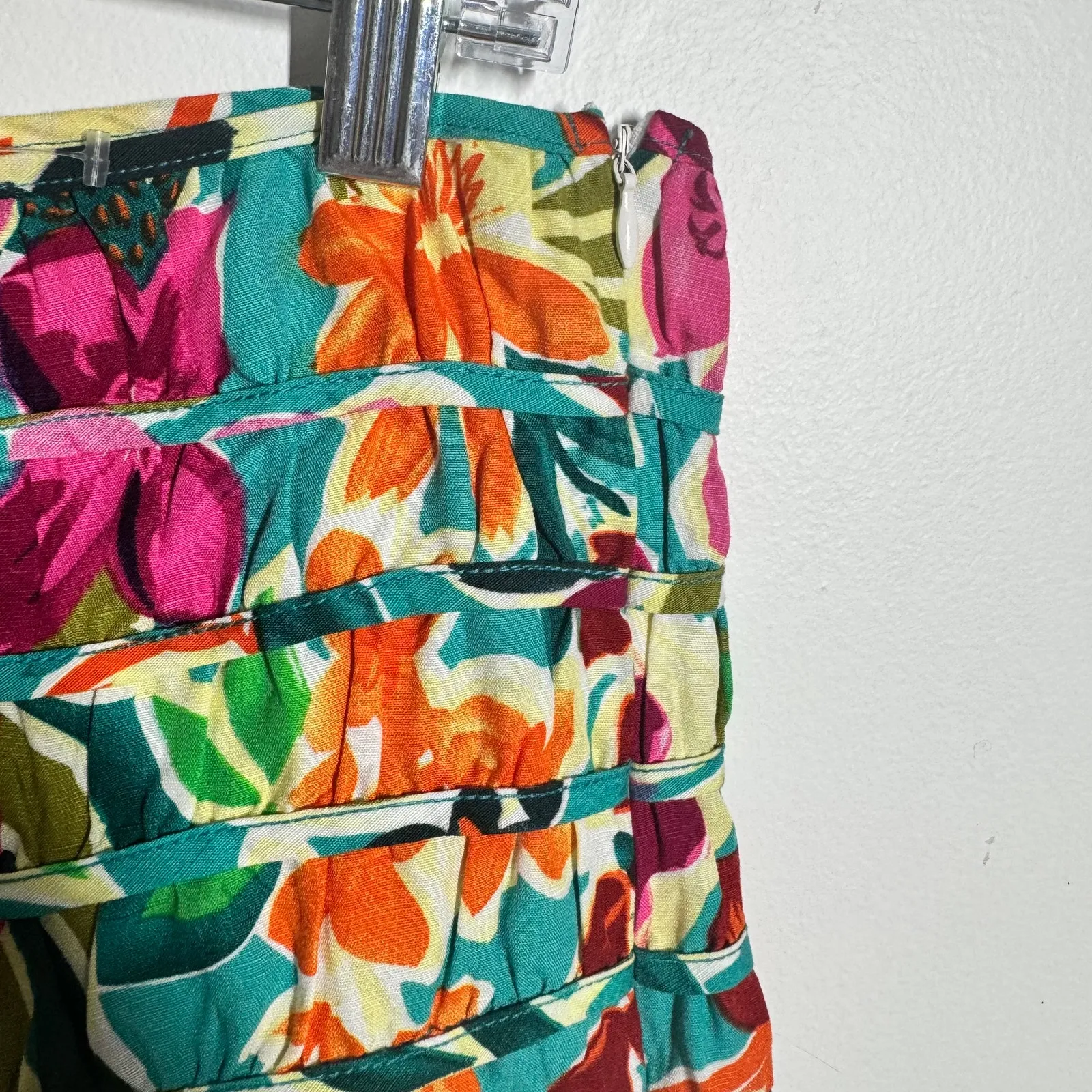 Vestique Skirt L Green Pink Blue Floral Lace Trim Tiered Mini Preppy Tropical - Image 5