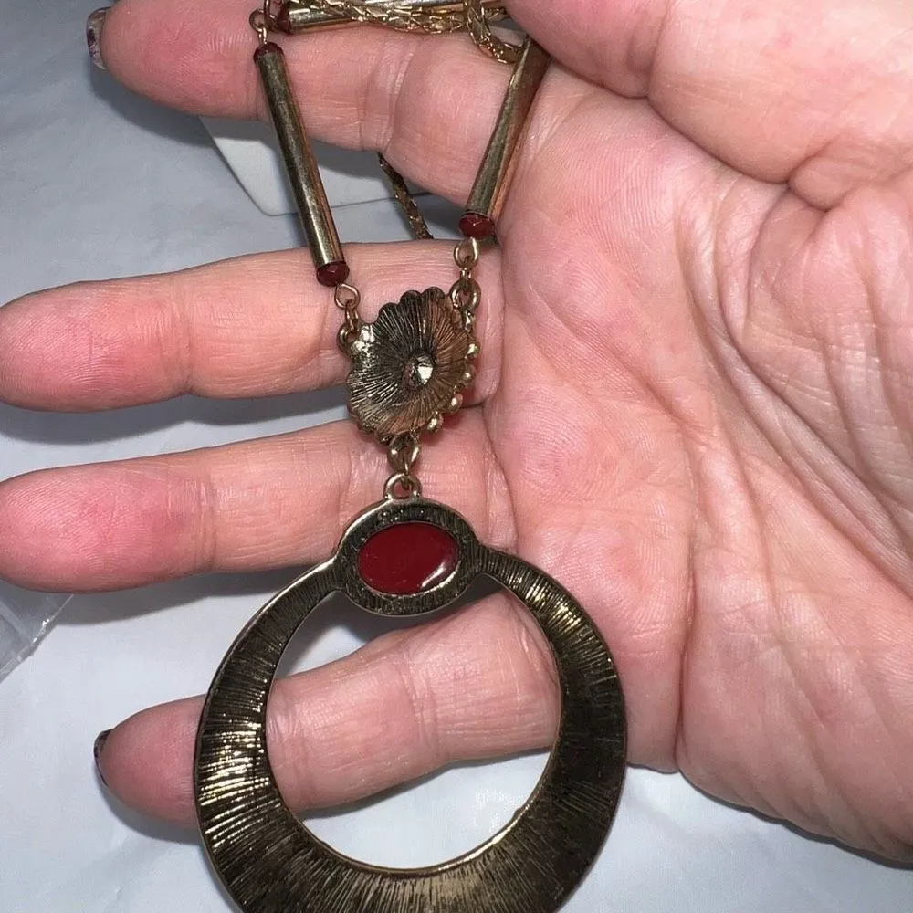 Boho Ethnic Burnished Gold Tone and Red Stone Pendant Necklace - Image 6