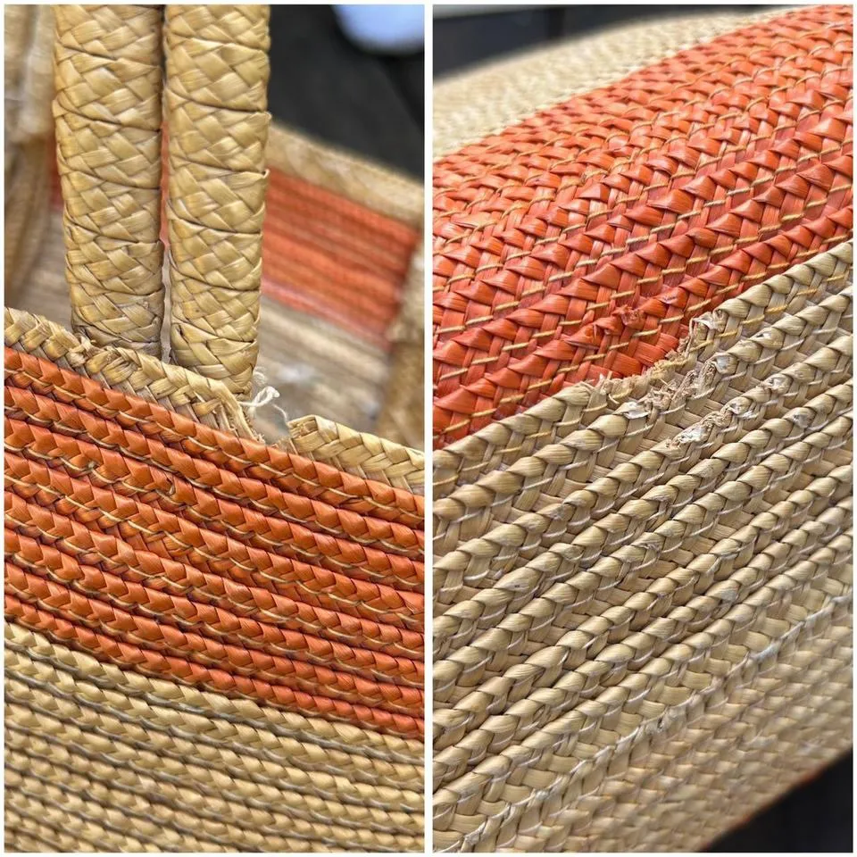 Vintage Orange/Yellow Floral Weaved Basket Straw Tote Bag  Purse - Image 7