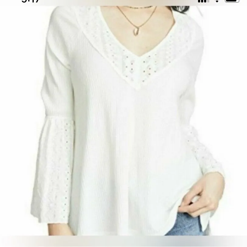Free People Parisian nights blouse v neck bell sleeves crochet eyelet XS - Image 2