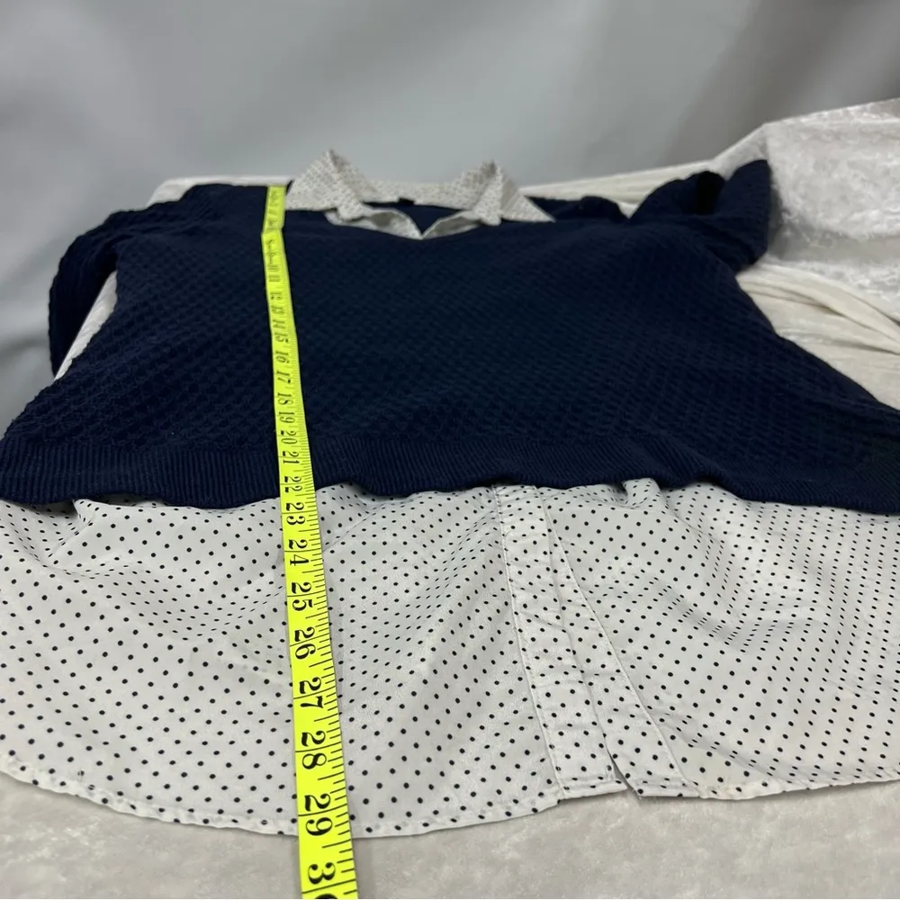 Croft & Barrow large knit Sweater w/built in Polk a dot blouse navy blue white - Image 9