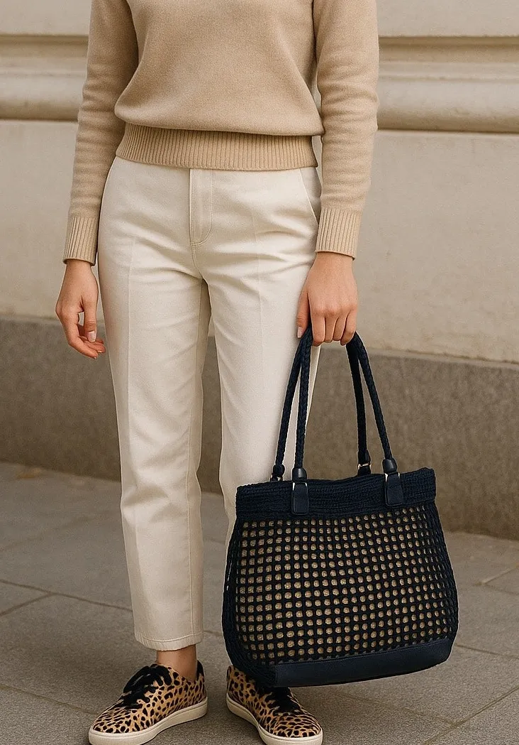 The Sak Crochet Navy Tote Bag Double Rope Handle Boho Preppy Gold Lined Purse - Image 1