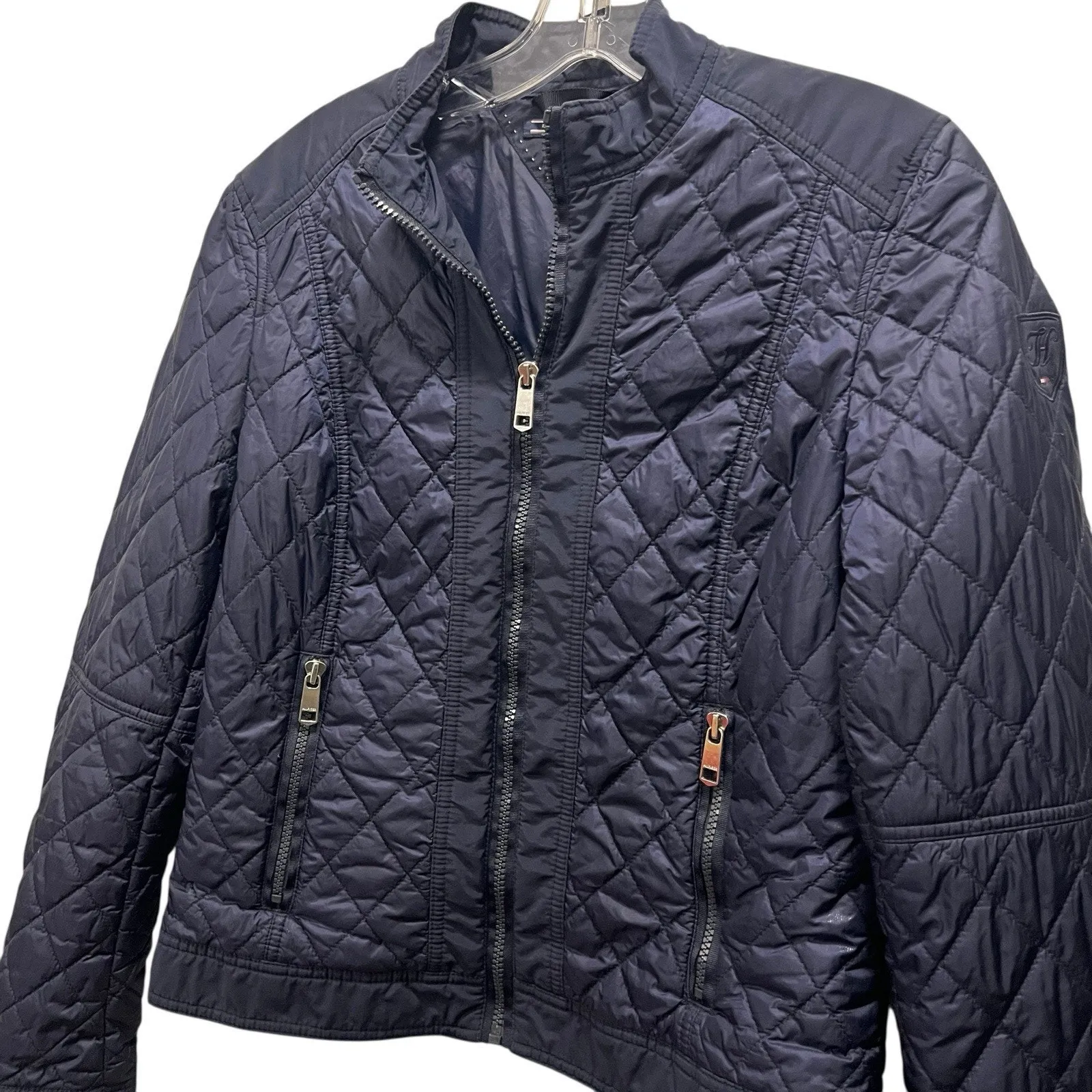 Tommy Hilfiger Quilted Zip Up Jacket Navy Blue Sz Medium Equestrian Zip Pockets - Image 3