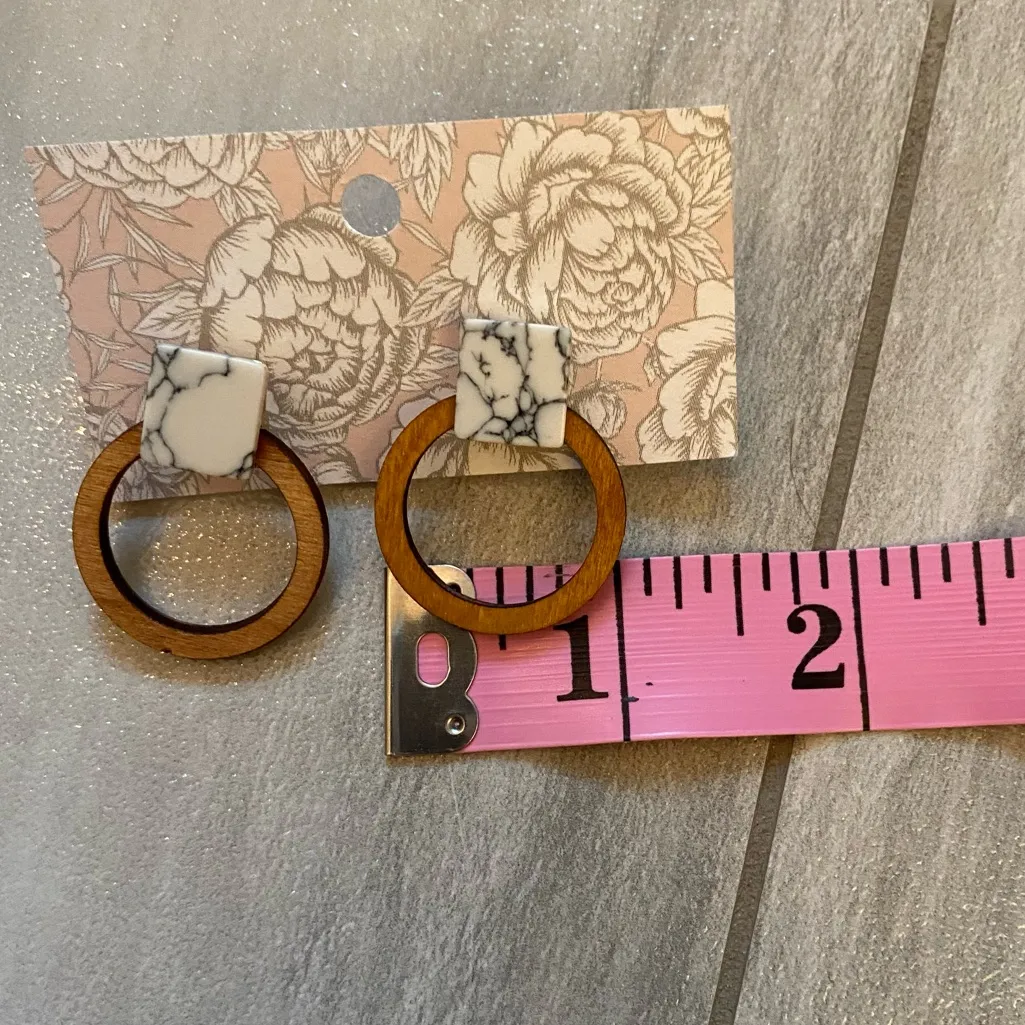 Handmade wooden earrings with marble look detail for pierced ears, size shown Brown - Image 7