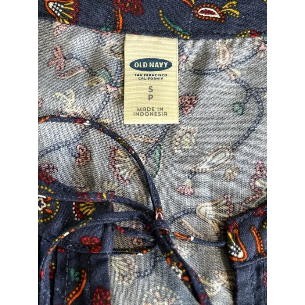 Old Navy Navy/Multi Floral/Paisley Long Sleeve‎ Tie/Tassel Neck Blouse Sz Small - Image 6