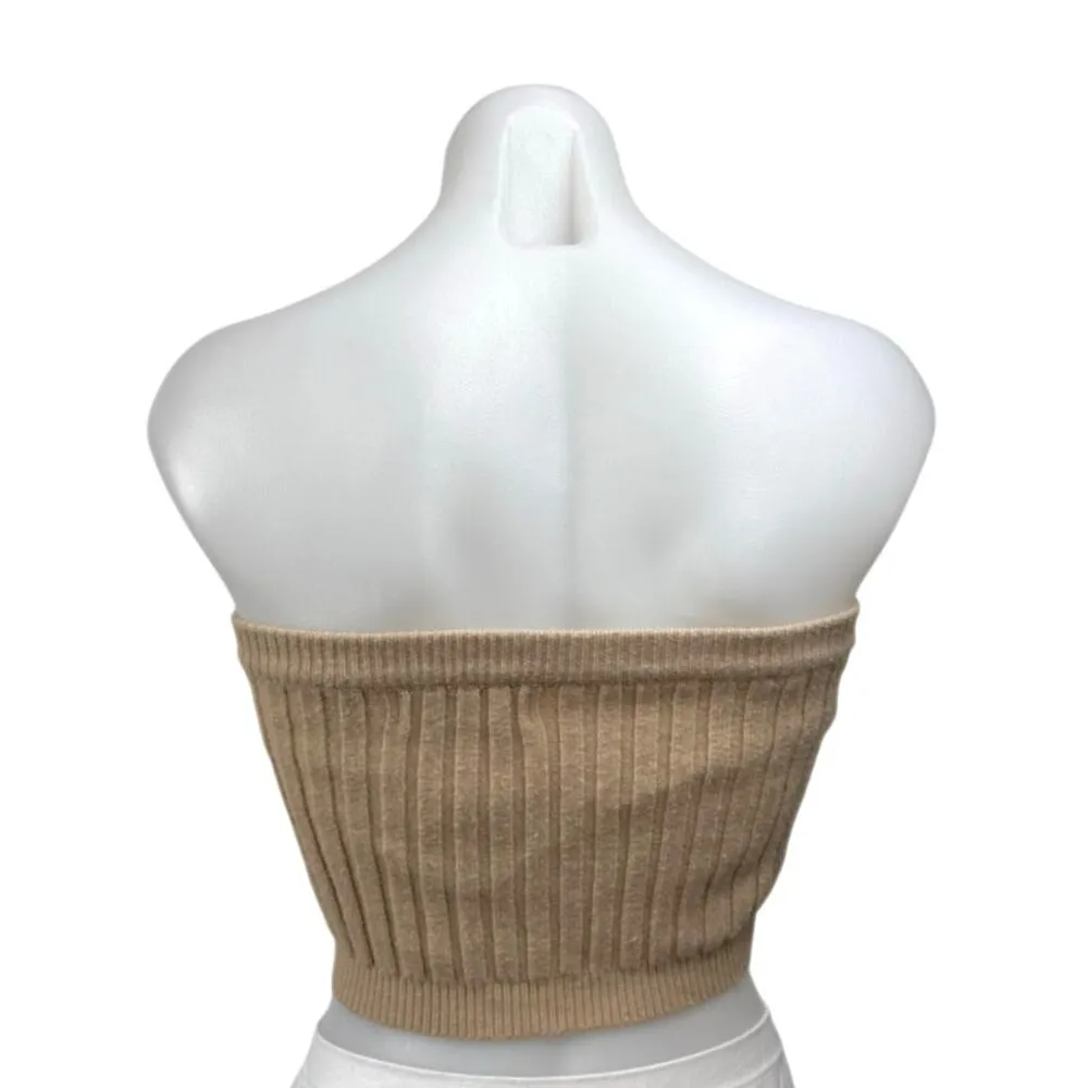 Beige Botany Rib Sleeveless Strapless Cami Camisole Bandeau Crop Tank Tube Top M Size M - Image 2