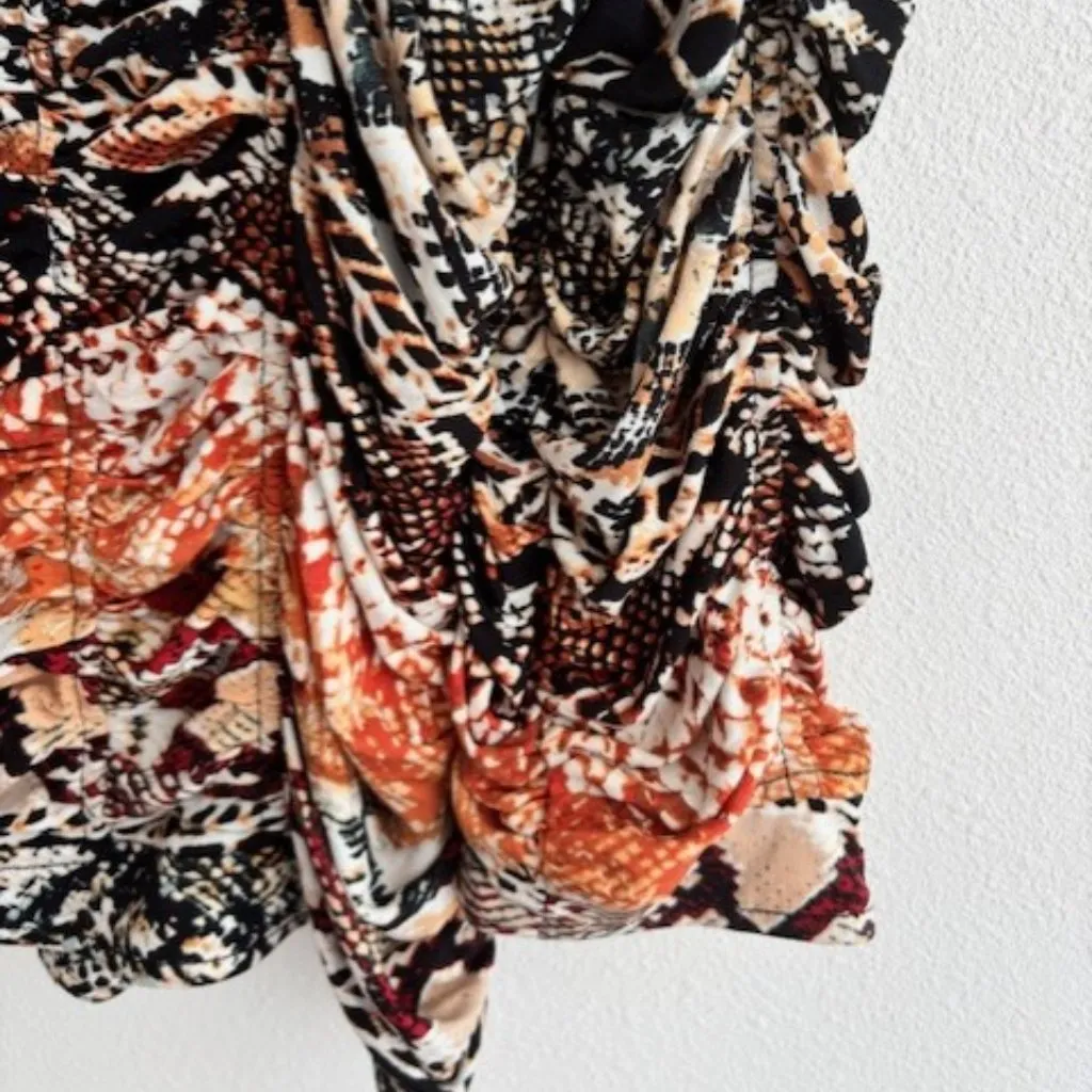 Chico's 2/L Brown Black Blouse Jacket Abstract Animal Zip Ruched 3/4 Sleeve Bold - Image 4