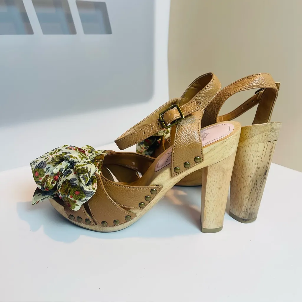 Vintage CROWN women’s wood platform heels "miss america" floral fabric bow Sz 7M Tan - Image 11