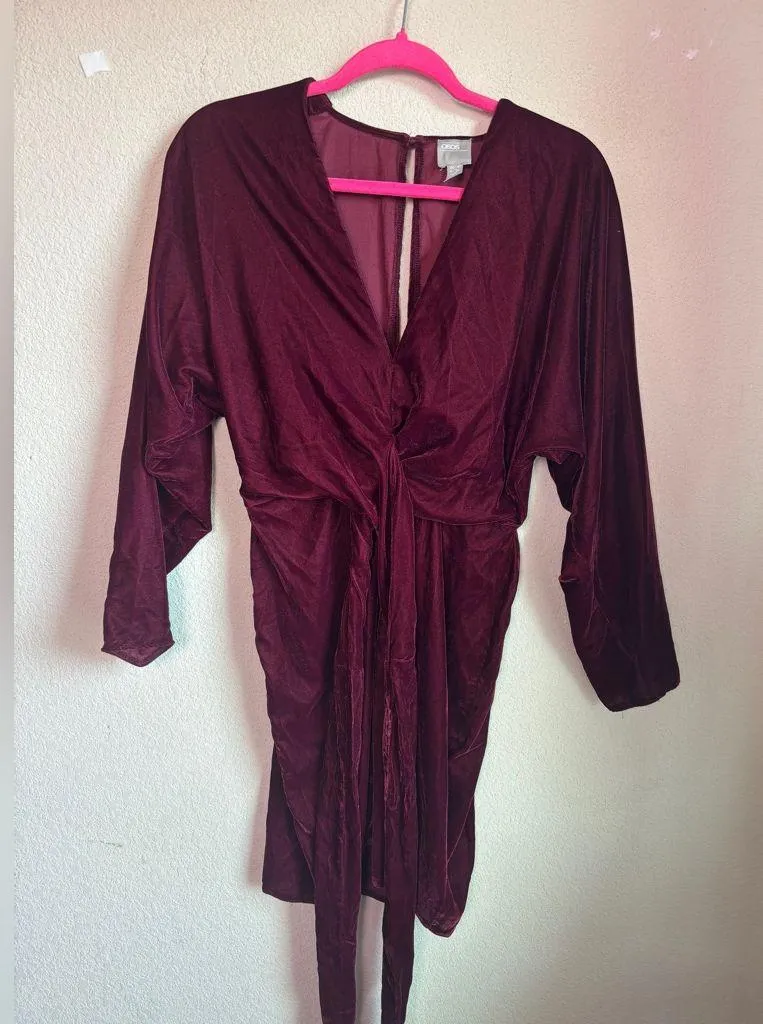 ASOS Design Maroon Burgundy Velvet Drape Long Sleeve Faux Wrap Mini Dress 4 - Image 2