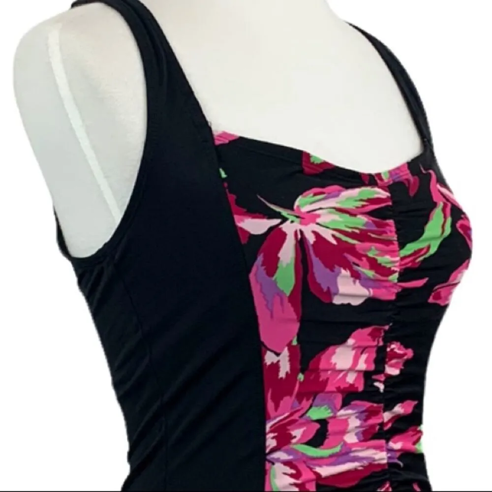 Tropical Escape Women's Black Pink Floral Ruched One Piece Swimsuit Size 6 - Image 5