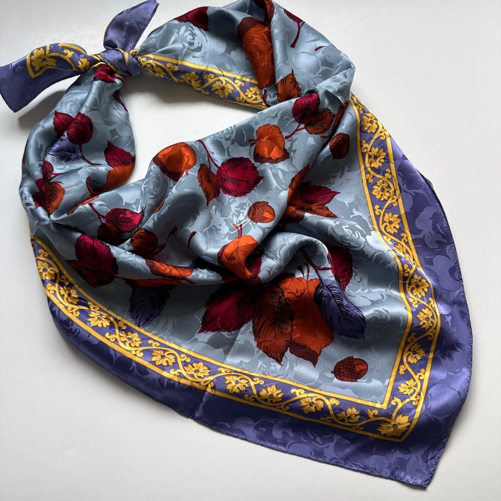 R. Zanghellini Silk Hand Made Floral Fall Autumn Leaves Scarf Blue Purple - Image 9