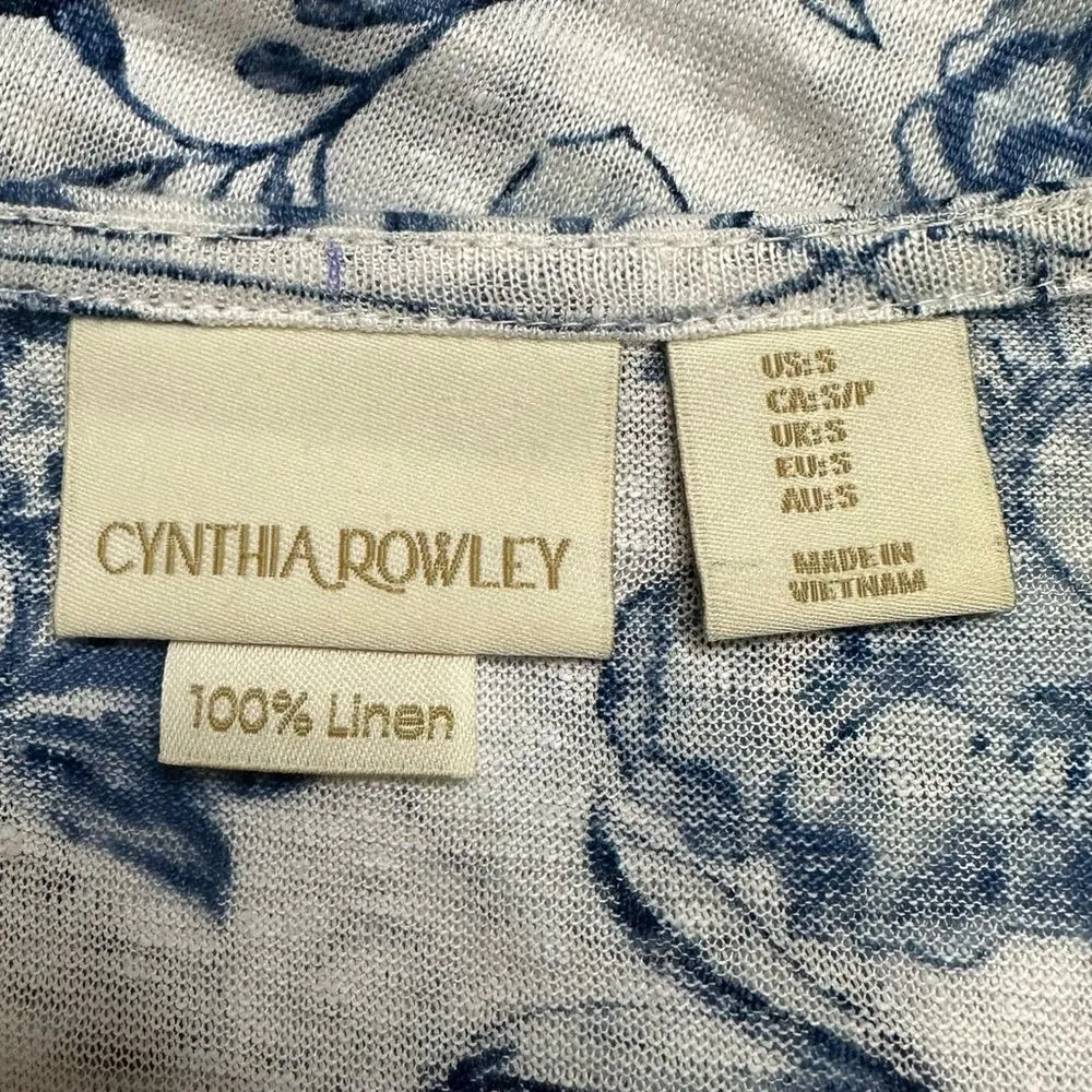 Cynthia Rowley 100% Linen Blue White Floral Cap Sleeves Top - Image 9