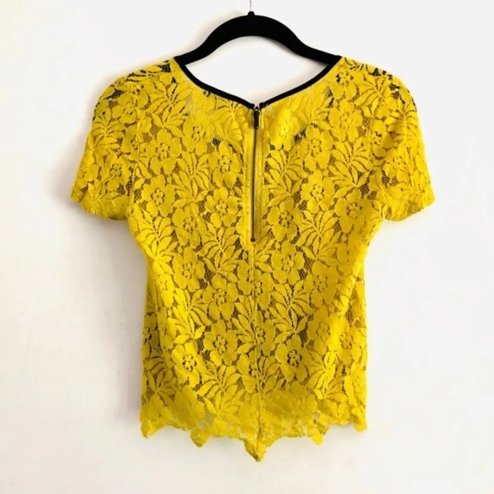 Lucca Couture Top XS Floral Lace Sheer Yellow Ochre - Image 4