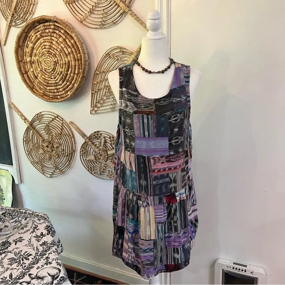 Vintage El Huarache Guatemala Cotton Patchwork Dress Boho Festival Midi L Purple Size L - Image 3