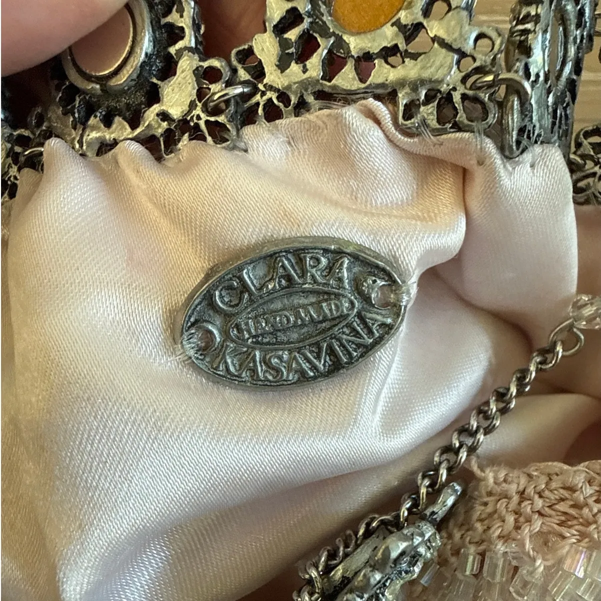 Clara Kasavina Evening Bag Beaded Chain Strap Pink Silver - Image 3