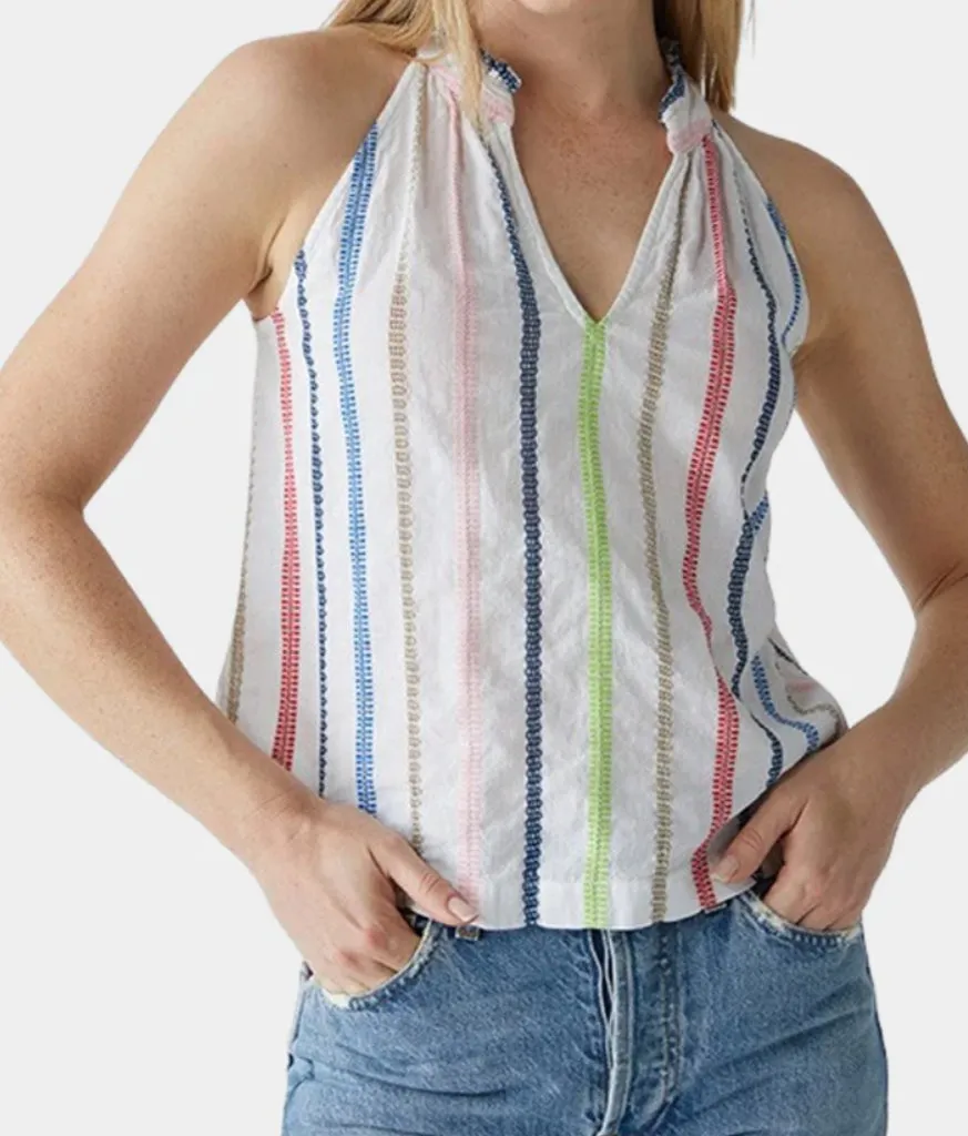Michael Stars Size xs Leslie Split Neck Top White Colorful Stripes Embroidered - Image 1
