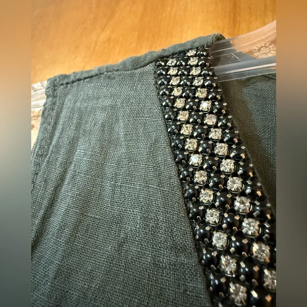 LINA TOMEI Pure Linen Shift Dress Sleeveless Beaded V - Image 4